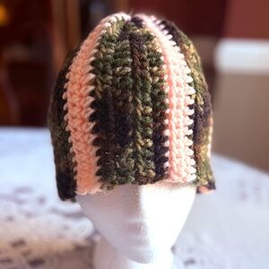 Hand knit hat unique camouflage with pink alternating.